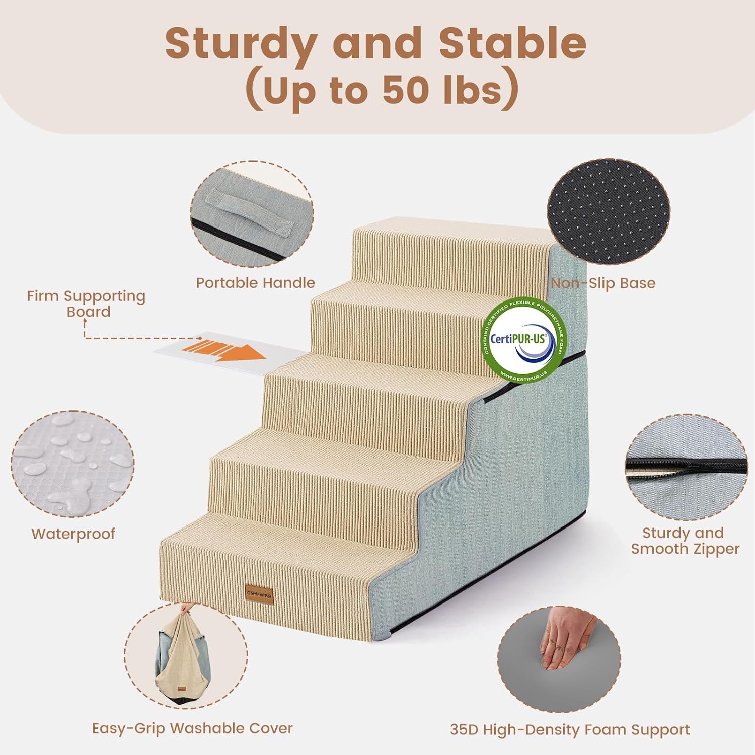 Gardner Pet Dog Stairs for Small Dogs 4- Step Extra Wide Dog Stairs for High Bed, Pet Steps for Small Dogs and Cats Couch with Durable Non-Slip Waterproof Fabric Cover and Soft Foam, Beige